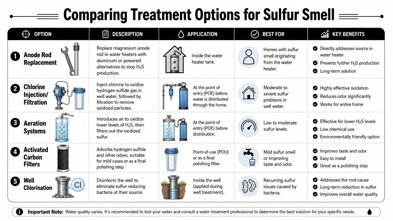 A comparison chart outlining five effective water treatment options for removing sulfur smell from well water.