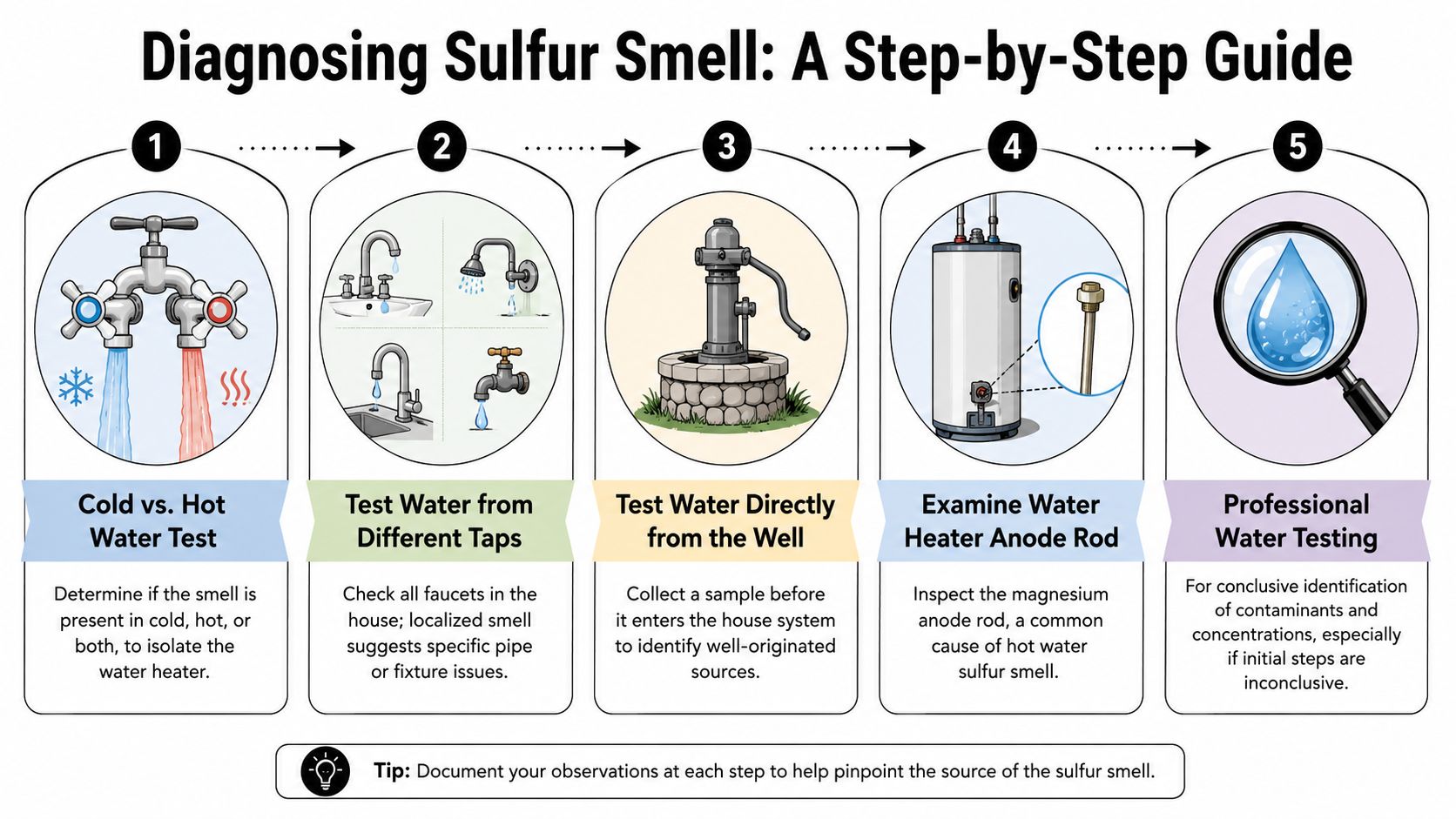 A five-step guide illustration for diagnosing sulfur smell in well water systems at home.