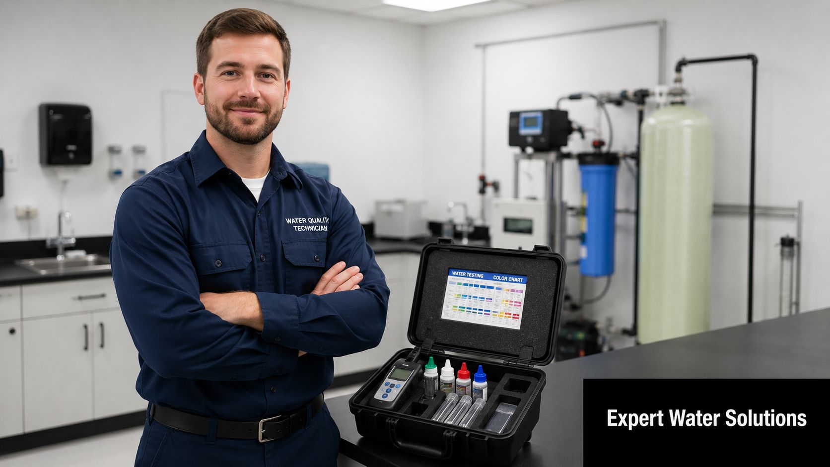 A professional water quality technician standing in a lab with testing equipment and filtration systems.
