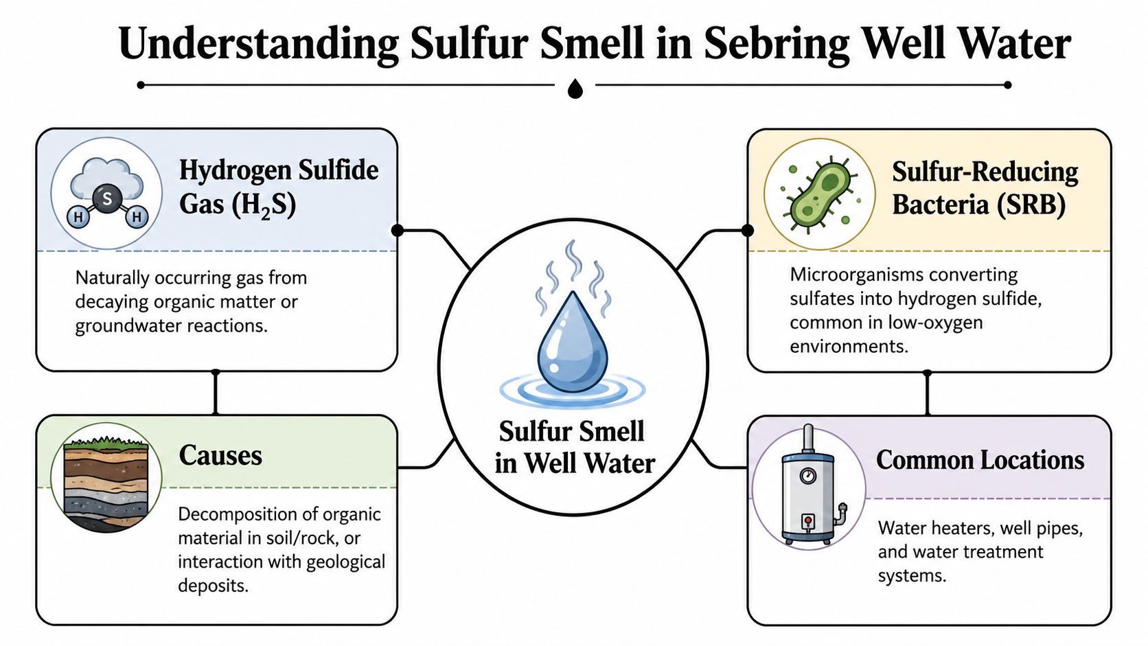 An infographic explaining the causes and locations of sulfur smell in Sebring well water systems.