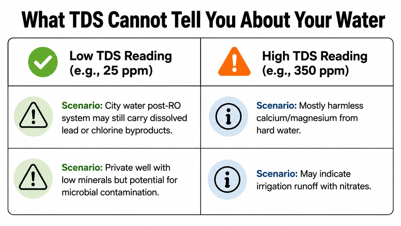 A chart explaining why low or high TDS water readings do not guarantee water safety or quality.