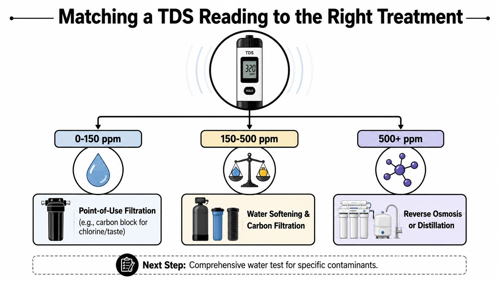 A flowchart showing recommended water treatment solutions based on various TDS meter ppm reading ranges.