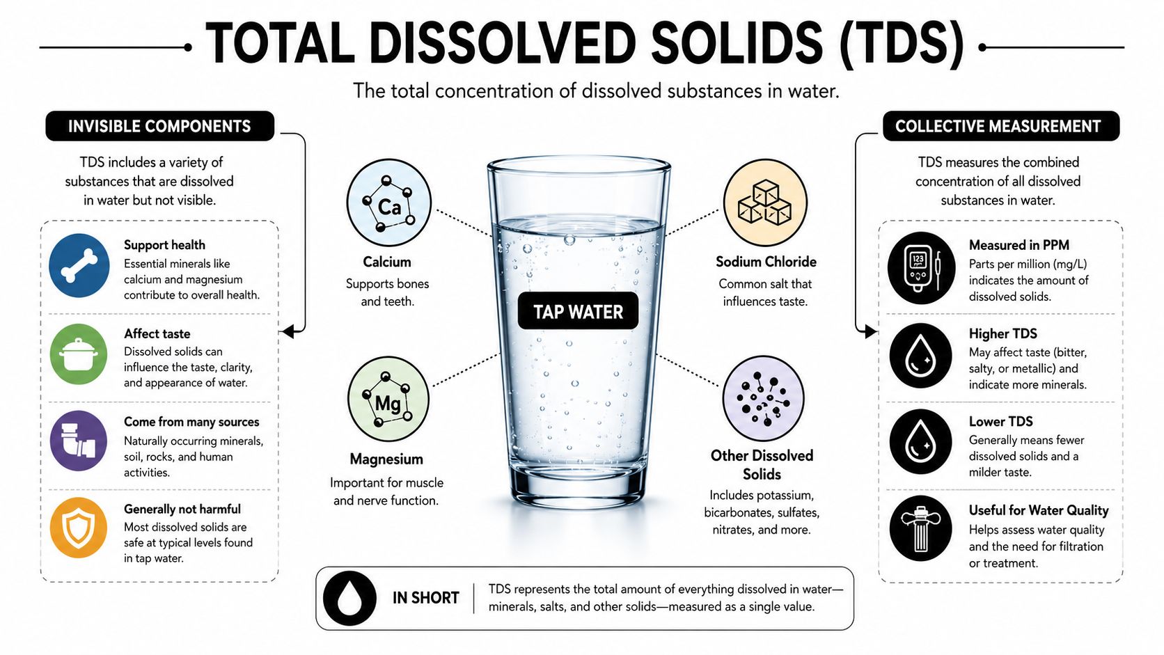 An infographic explaining Total Dissolved Solids in tap water, including minerals like calcium and magnesium, measurement, and effects.