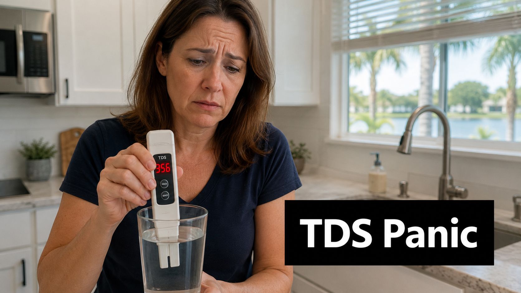 A concerned woman checks the total dissolved solids level of her drinking water using a digital TDS meter.