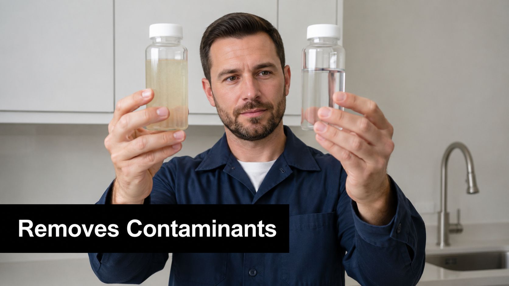 A technician holding two bottles of water, one murky and one clear, demonstrating effective water filtration.
