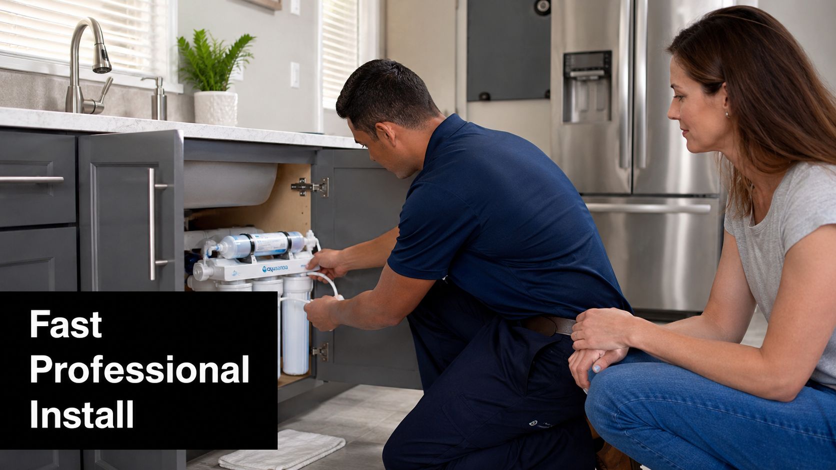 A professional technician installing an under sink reverse osmosis water filtration system for a homeowner in a kitchen.