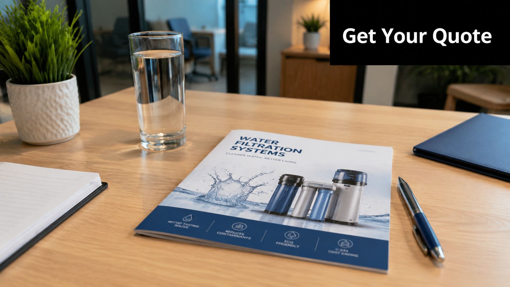 A brochures about water filtration systems displayed on a wooden office desk next to a glass of water.
