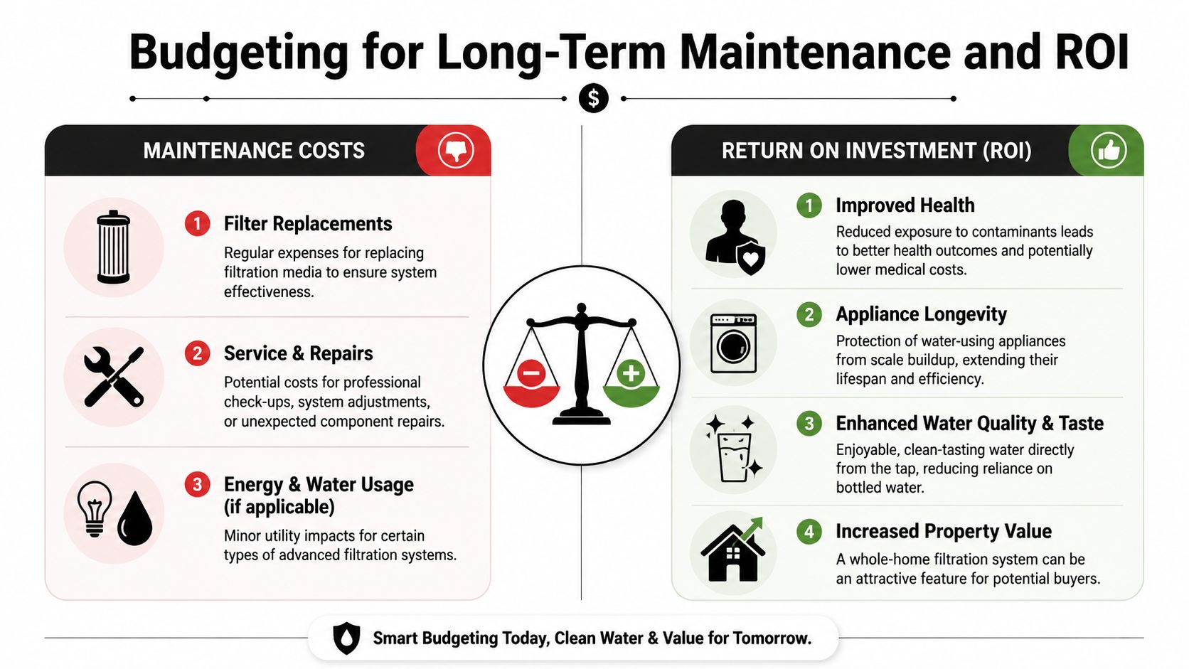 A comparison chart showing maintenance costs versus the return on investment for home water filtration systems.