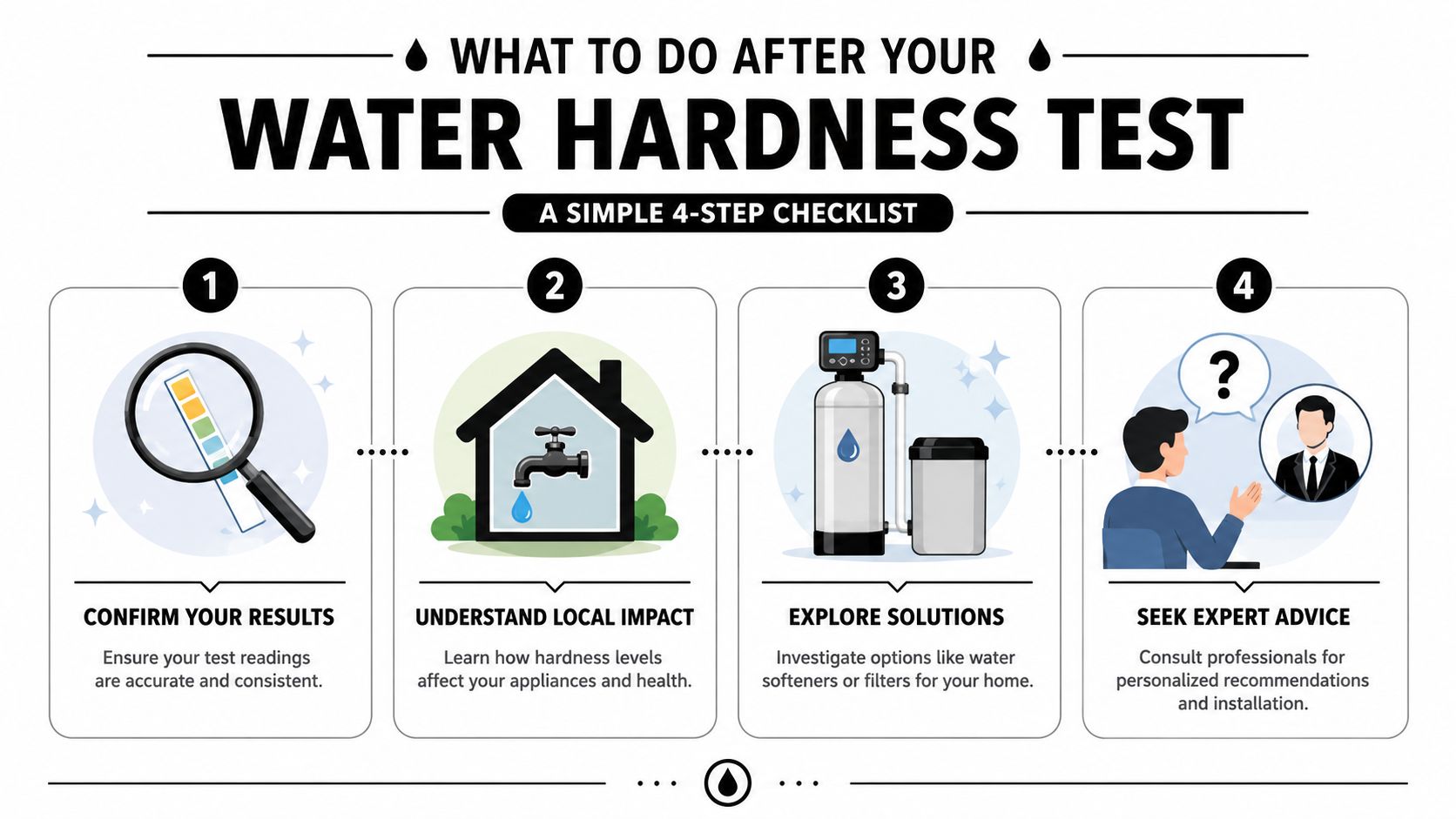 A four-step infographic guide detailing what to do after performing a home water hardness test.
