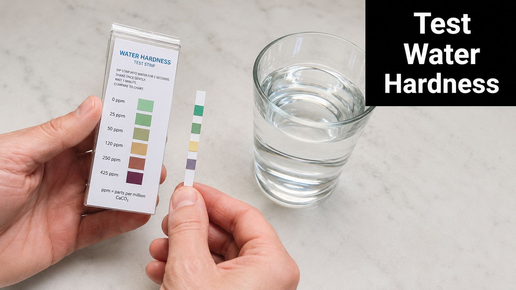 A person holds a water hardness test strip next to a color-coded chart for comparison.