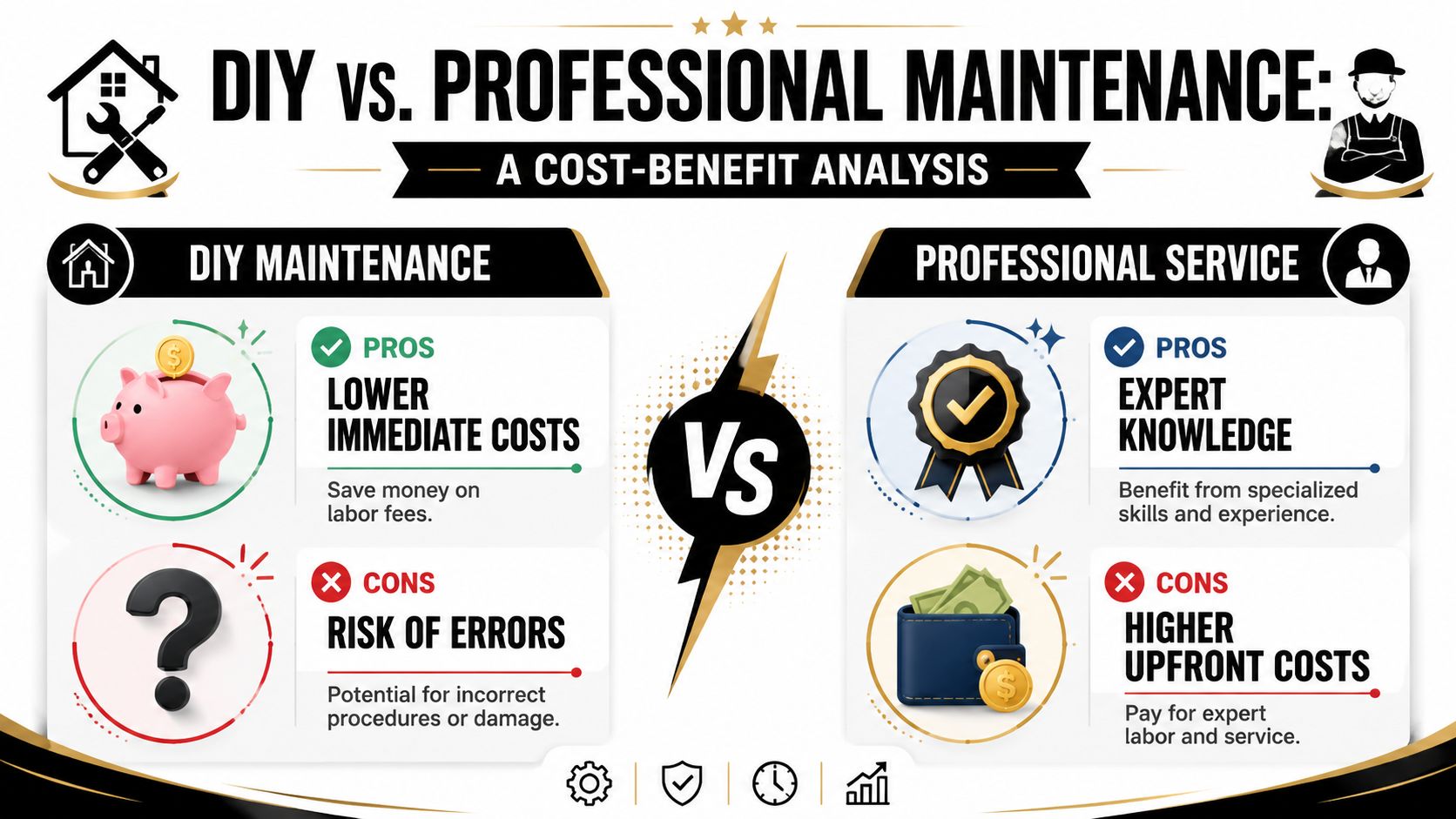 A cost-benefit analysis infographic comparing the advantages and disadvantages of DIY maintenance versus professional home services.