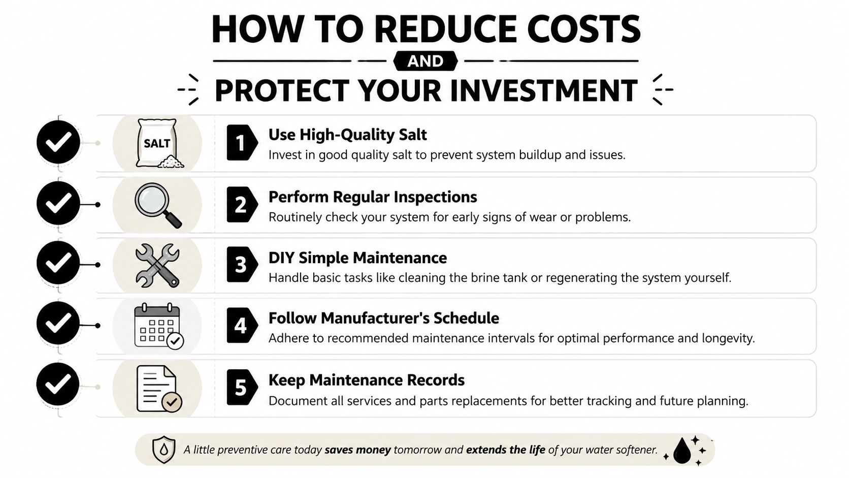 An infographic showing five tips for water softener maintenance to reduce costs and protect your investment.