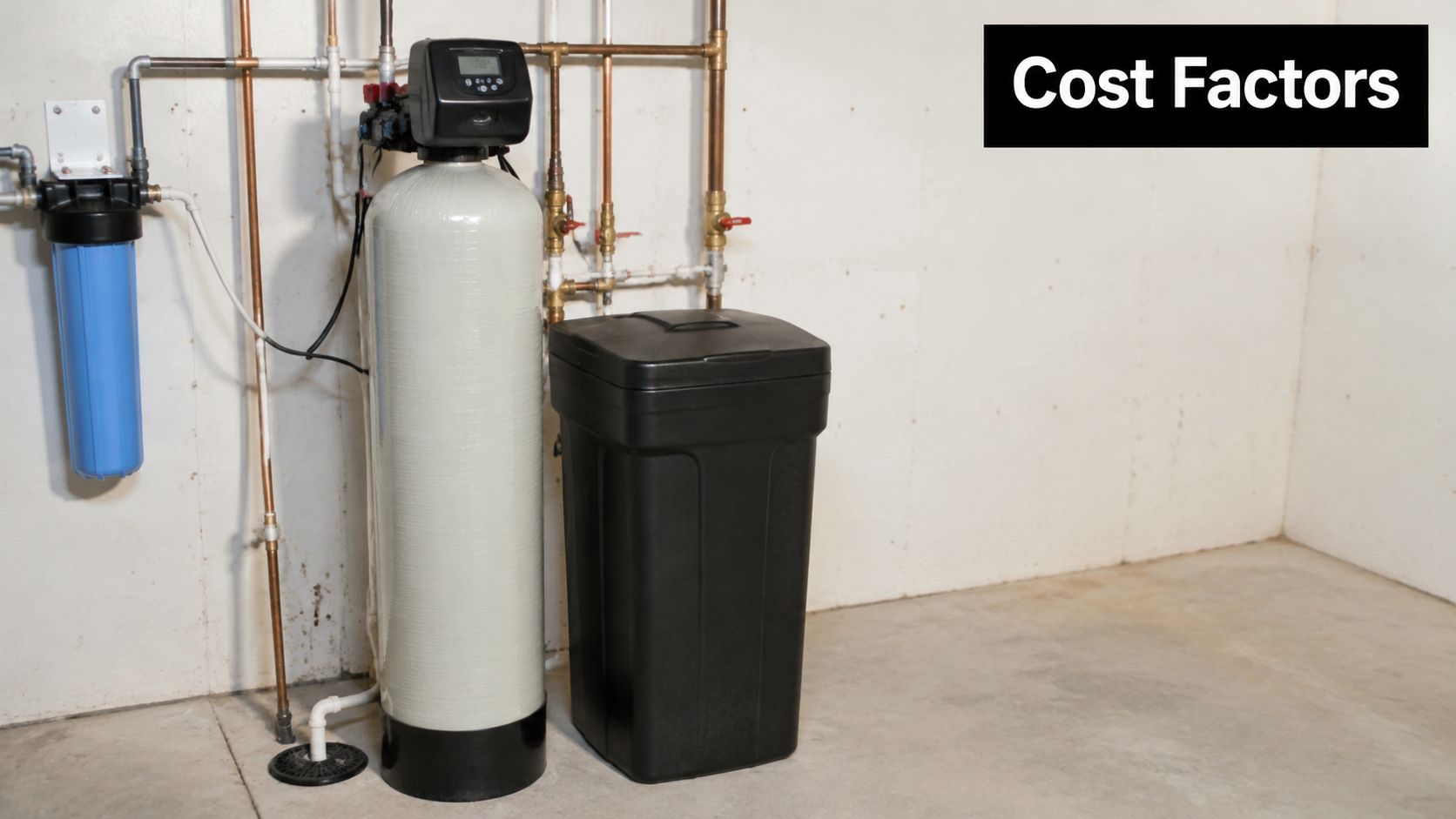 A water softener system and filtration unit installed in a basement, highlighting household water treatment cost factors.