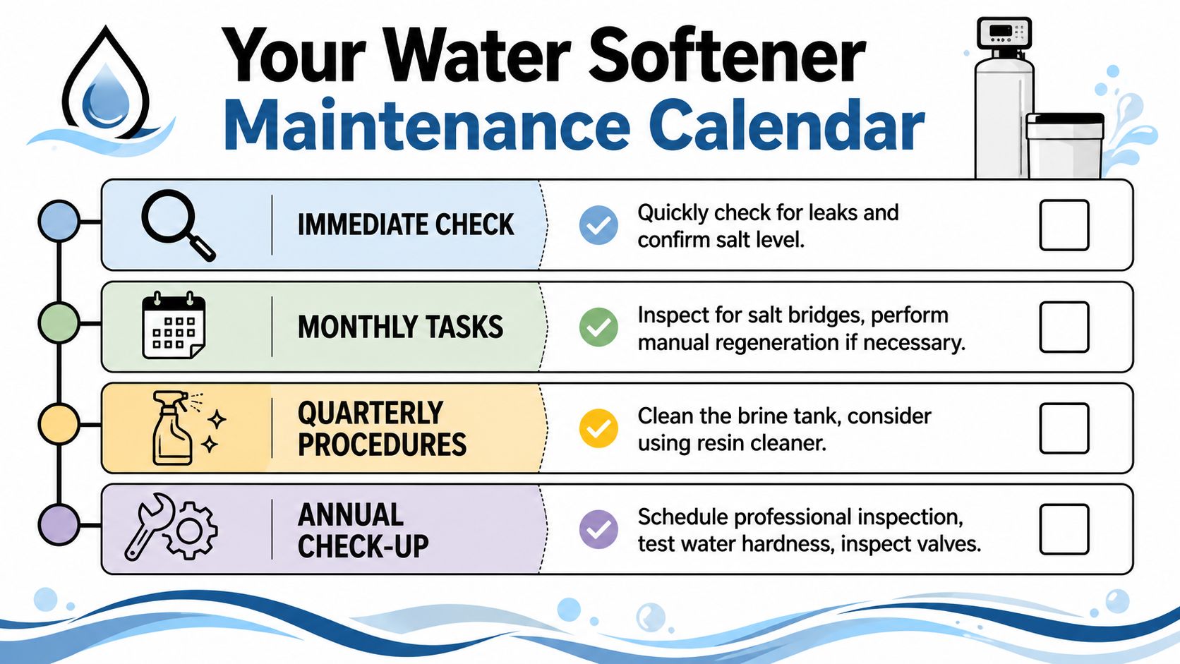 A water softener maintenance calendar infographic listing daily, monthly, quarterly, and annual household care tasks.