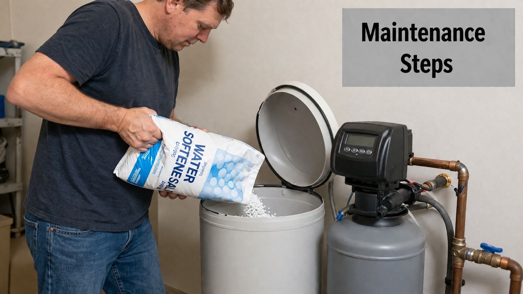 A man pouring white water softener salt pellets into a home water softening system reservoir.