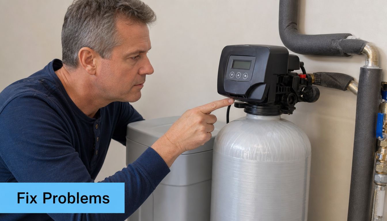A man pointing at the digital display of a home water softener system for maintenance.
