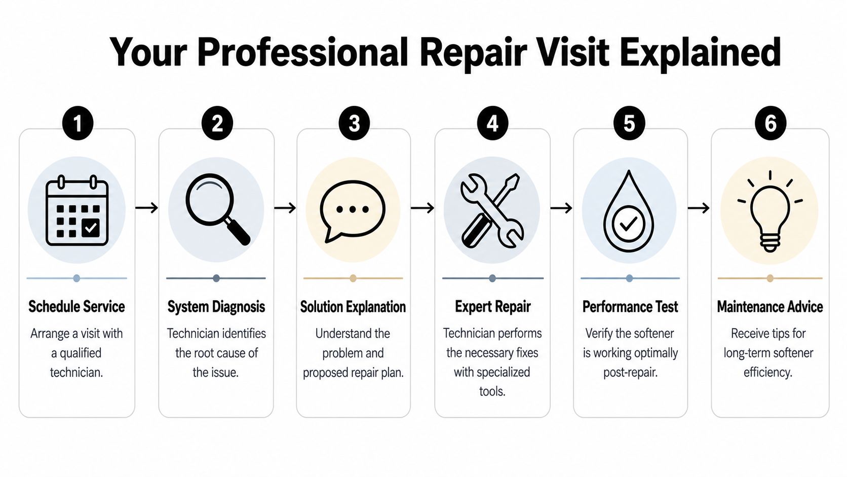 A six-step infographic illustrating the professional repair visit process for a water softener system.