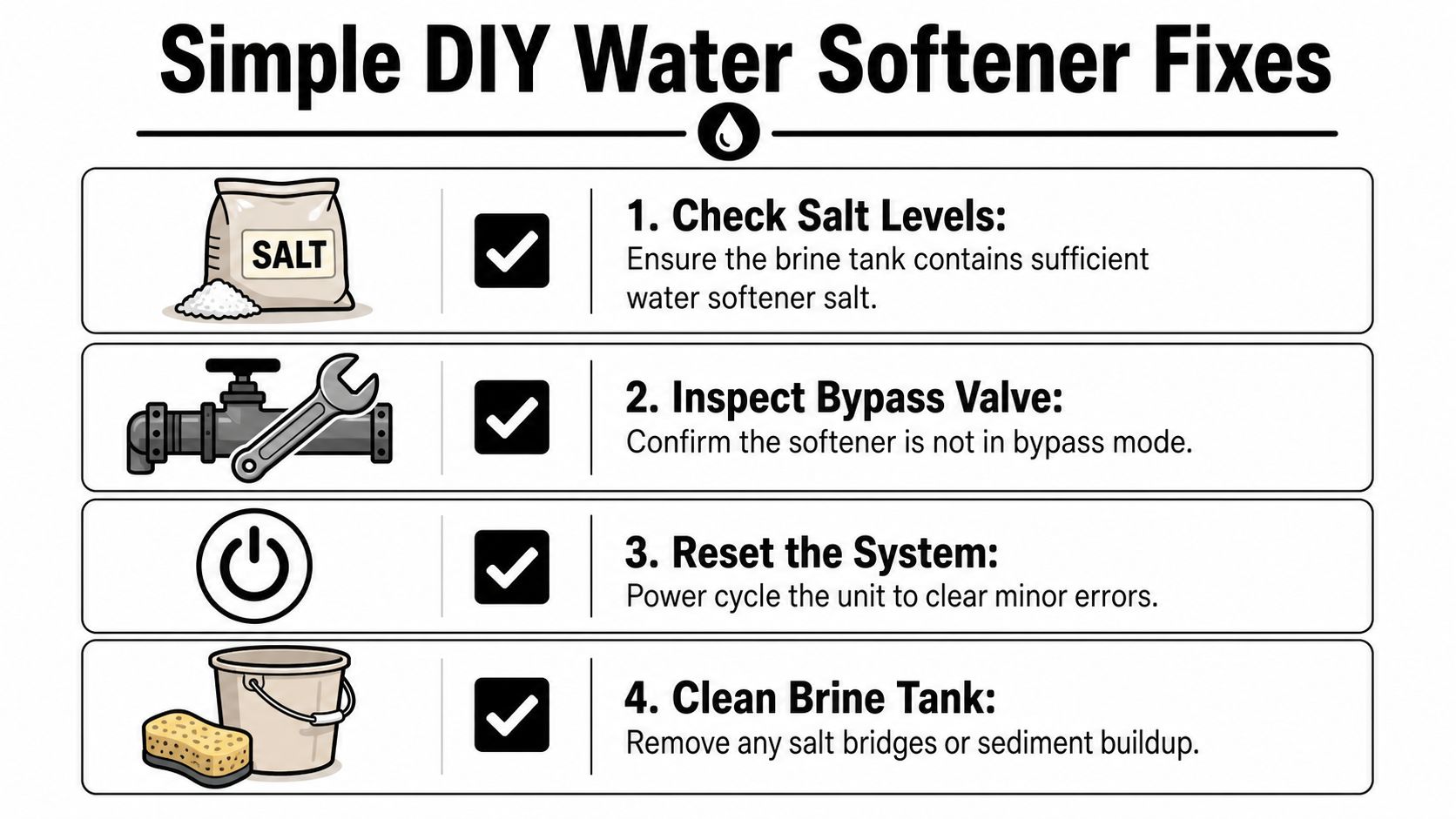 A simple infographic showing four DIY troubleshooting steps to fix common water softener system problems.
