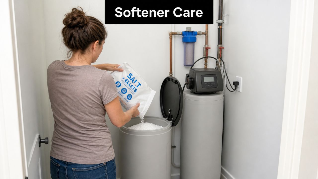 A woman pouring salt pellets into a home water softener tank for maintenance and repair.