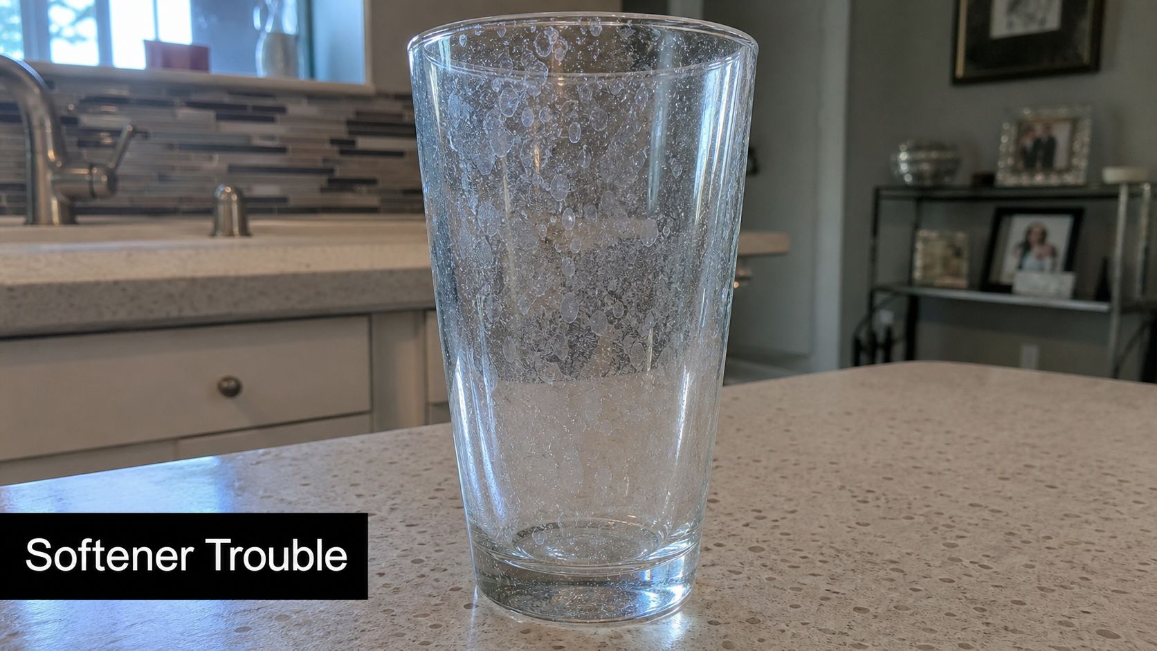 A clear drinking glass showing heavy mineral spots and cloudy water residue on the surface.