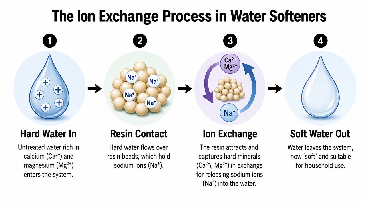 A diagram illustrating the four-step ion exchange process used in water softener systems for homes.
