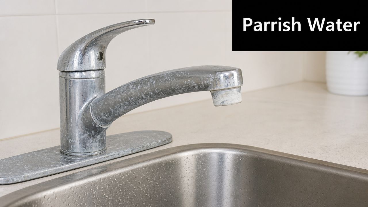 A kitchen faucet showing visible signs of hard water buildup, scaling, and white mineral deposits.