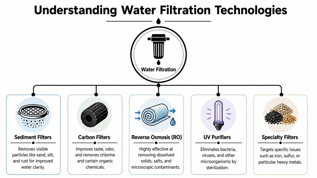 A diagram illustrating five common water filtration technologies, including sediment, carbon, reverse osmosis, UV, and specialty filters.