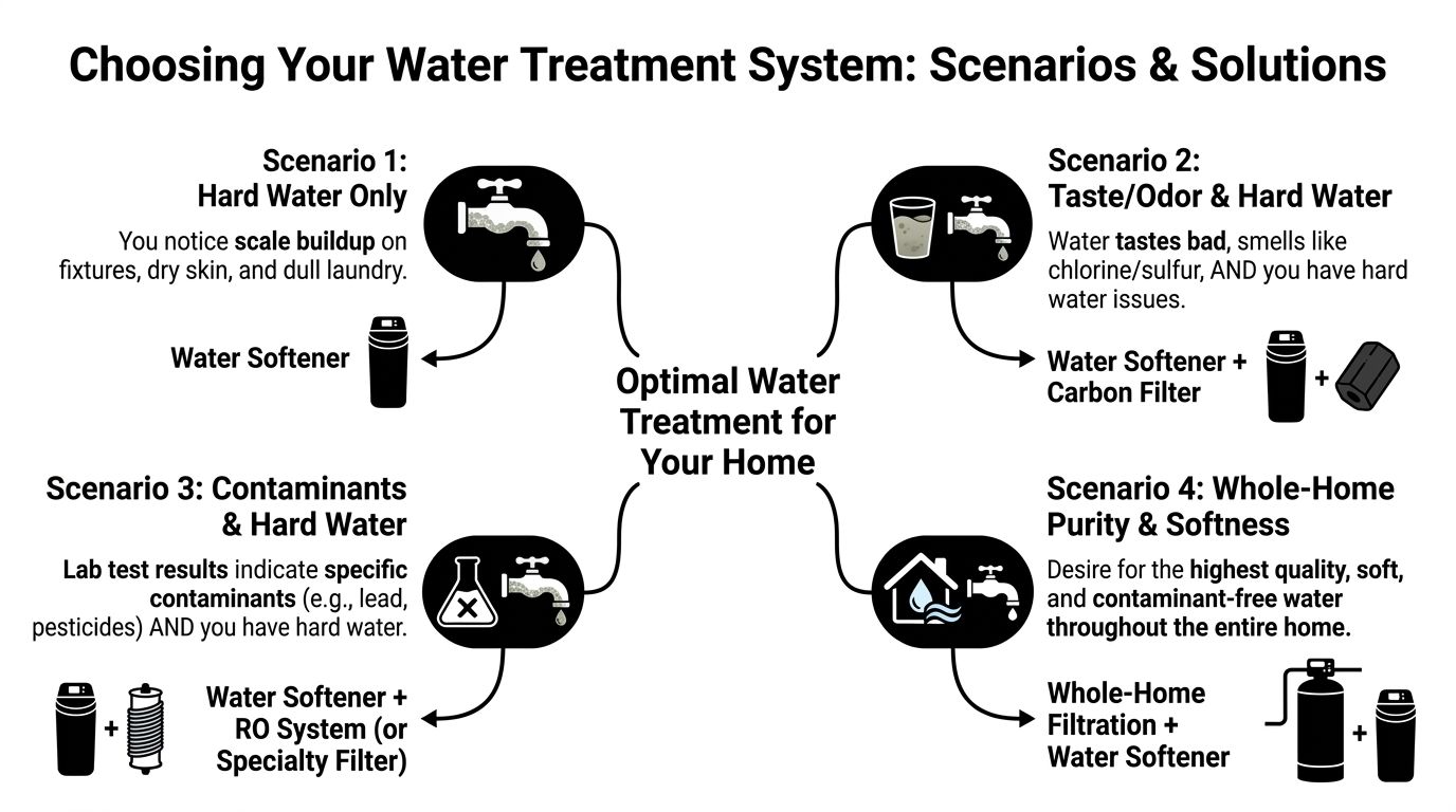 A flowchart guide helping homeowners choose the optimal water treatment system based on specific water quality scenarios.