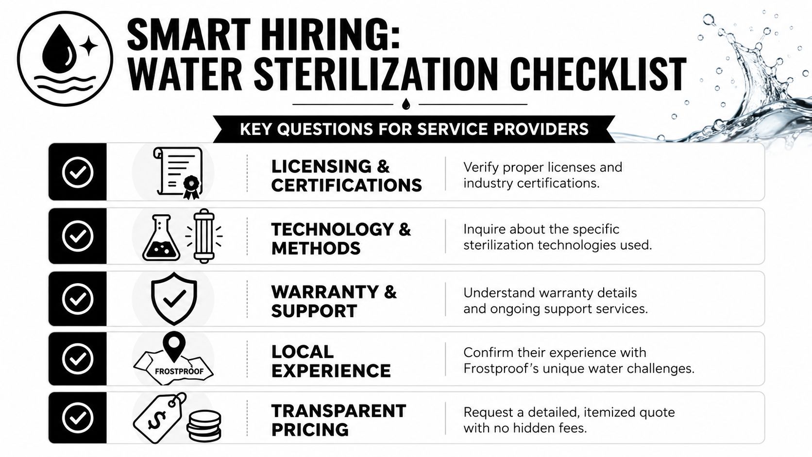 A checklist for hiring water sterilization service providers in Frostproof, highlighting key factors like licensing and experience.