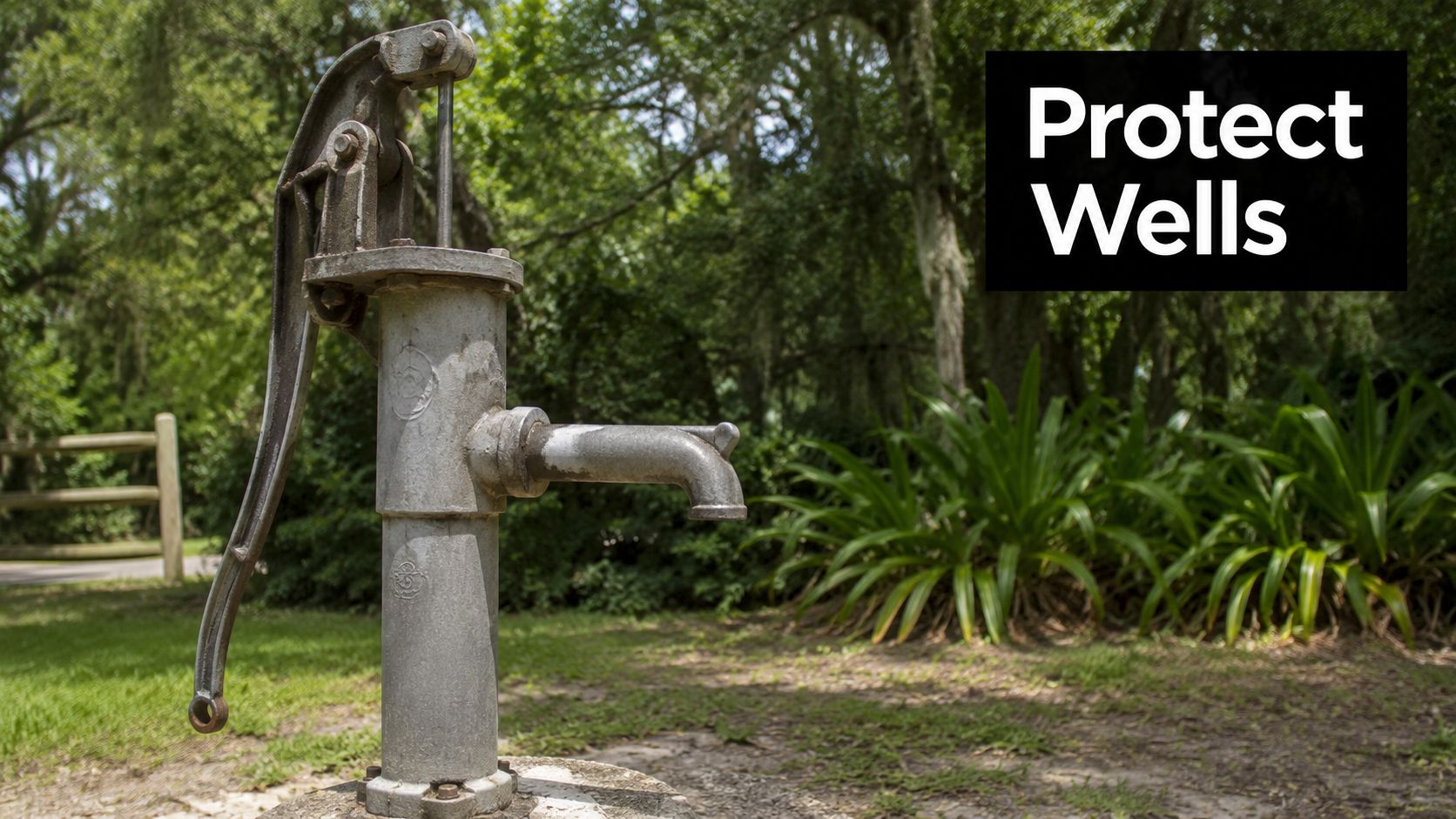 An old, metallic hand-operated water pump situated in a lush, green outdoor park setting.