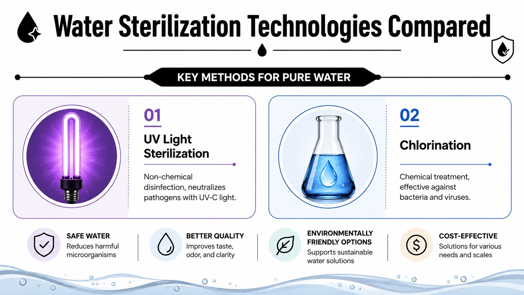 An infographic comparing UV Light Sterilization and Chlorination as two key methods for water purification.