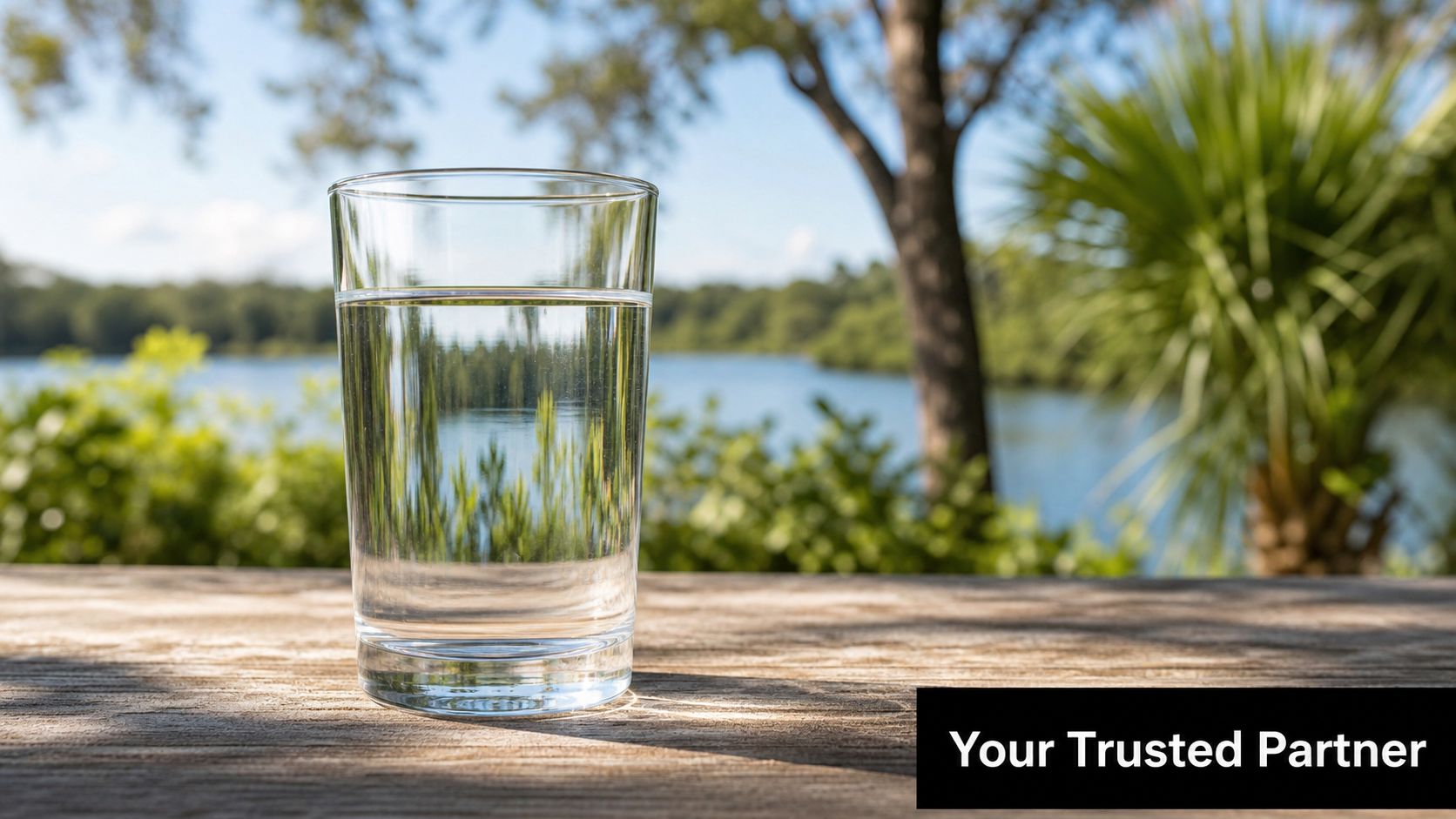 A clear glass of fresh water sitting on a rustic wooden table overlooking a scenic lake.