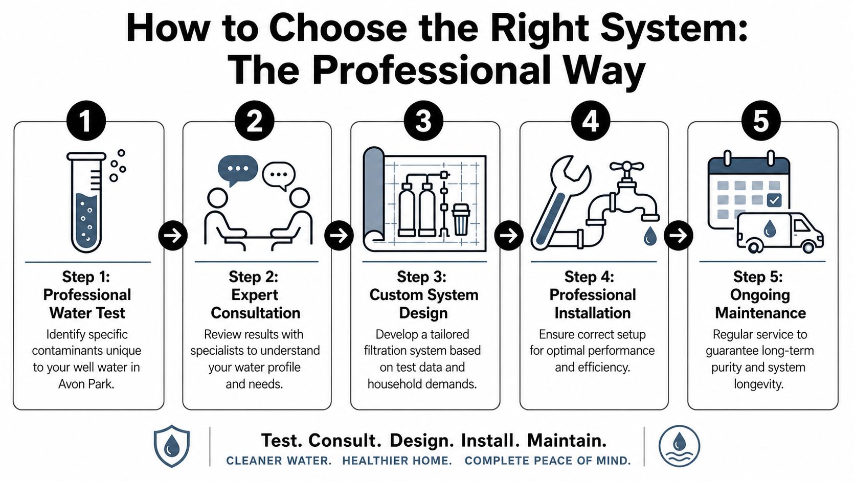 A five-step infographic explaining the professional process for choosing a well water filtration system in Avon Park.