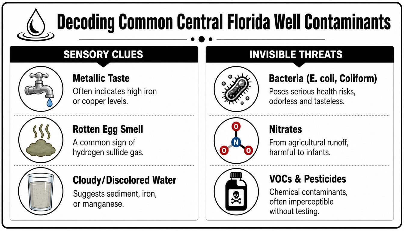 An infographic titled Decoding Common Central Florida Well Contaminants, listing various sensory clues and invisible water threats.