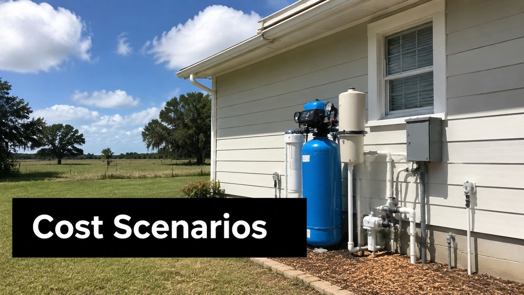 Exterior residential well water filtration system installed on the side of a house in a rural field.