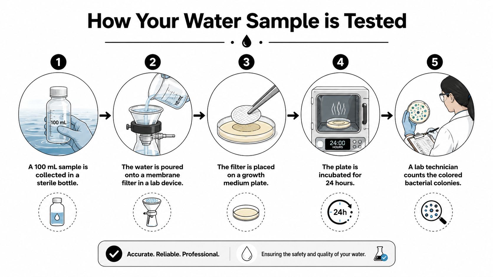 A five-step infographic showing the laboratory process of collecting and testing a water sample for bacterial contamination.