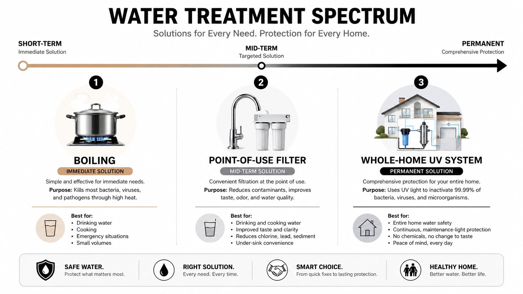 A chart illustrating the Water Treatment Spectrum, comparing boiling, point-of-use filters, and whole-house UV systems.