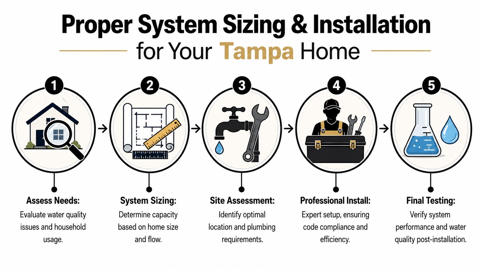 A five-step infographic showing the process of proper water purification system installation for a Tampa home.