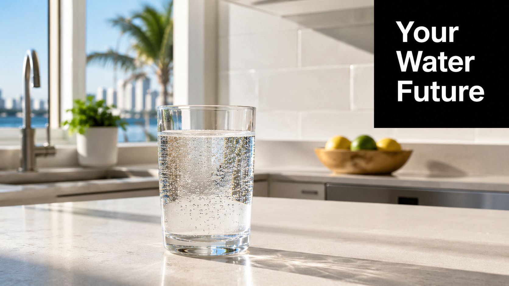 A clear glass of sparkling water sits on a clean modern kitchen countertop with a blurred waterfront background.