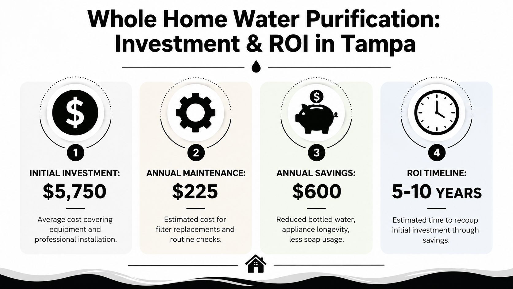 An infographic titled Whole Home Water Purification showing investment, maintenance, savings, and ROI timeline in Tampa.