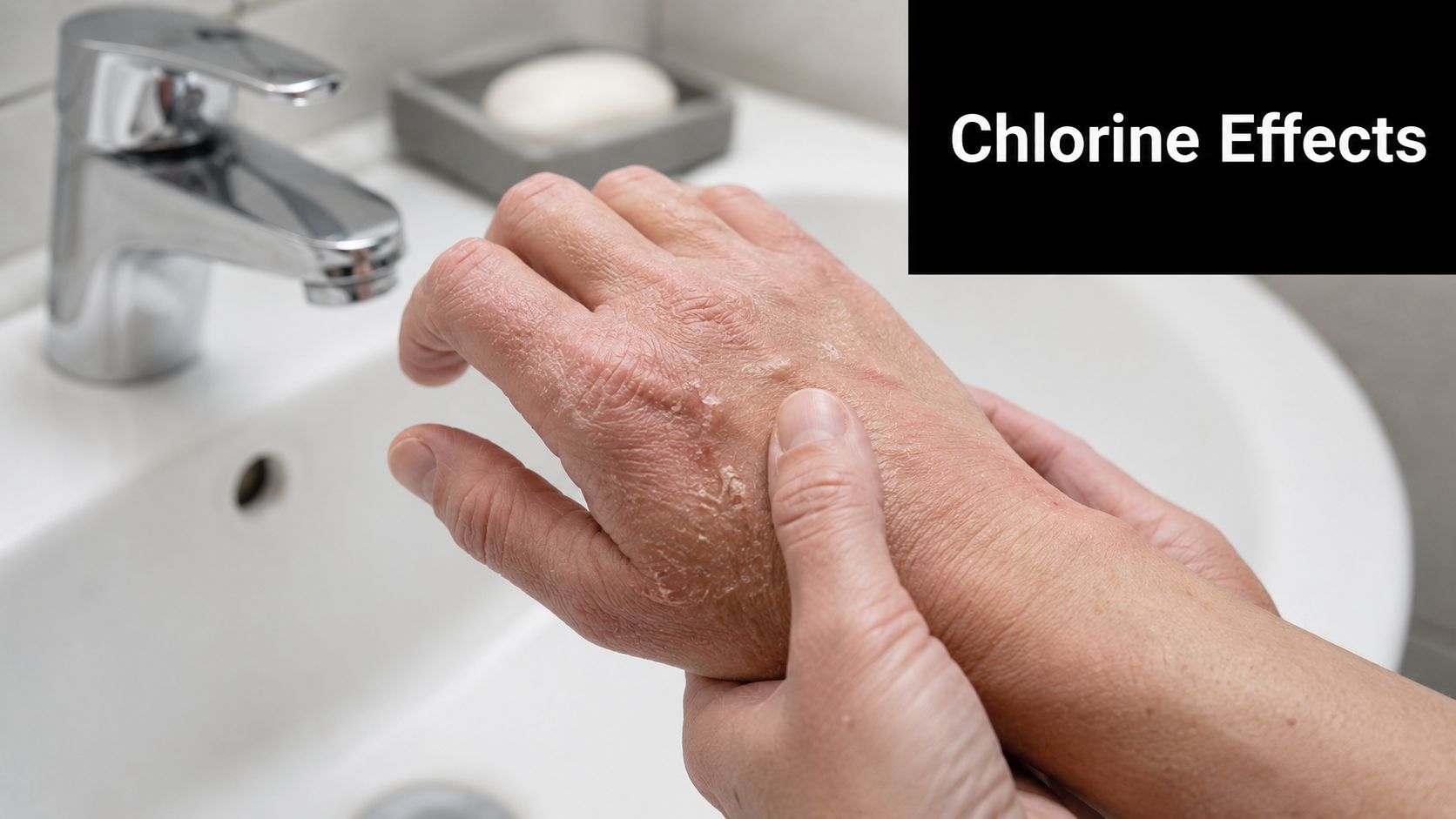 A close-up view of dry, irritated skin on a person's hands near a bathroom sink.