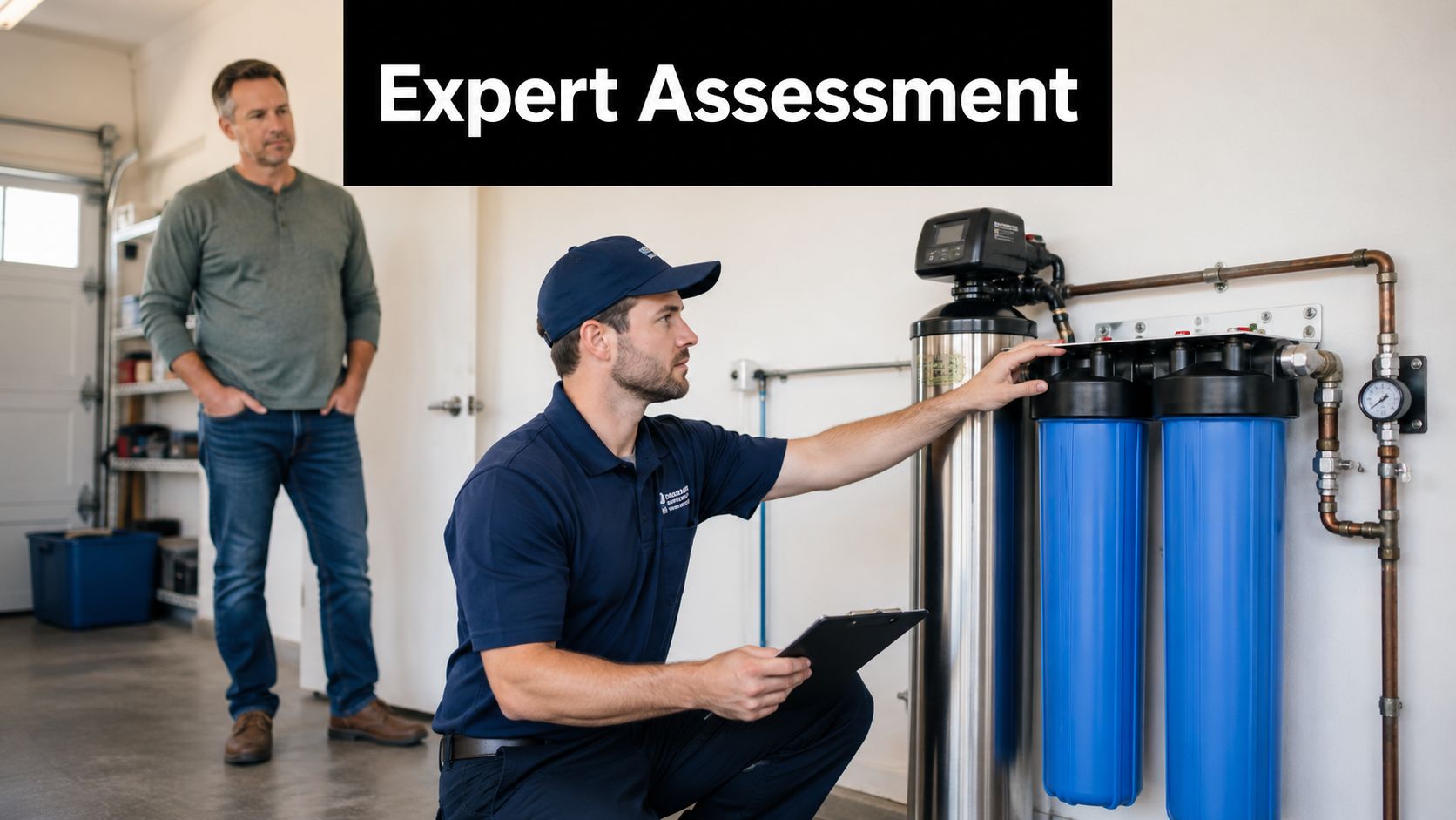A professional technician inspecting a whole house water filter system while the homeowner observes in a garage.