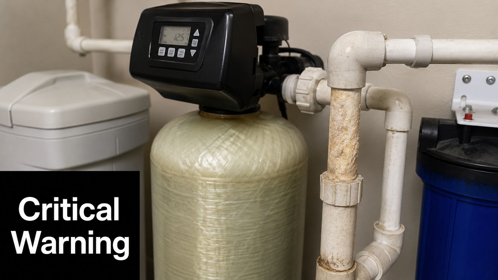 A home water filtration system featuring a large tank, control head, and pipe connections showing some residue.