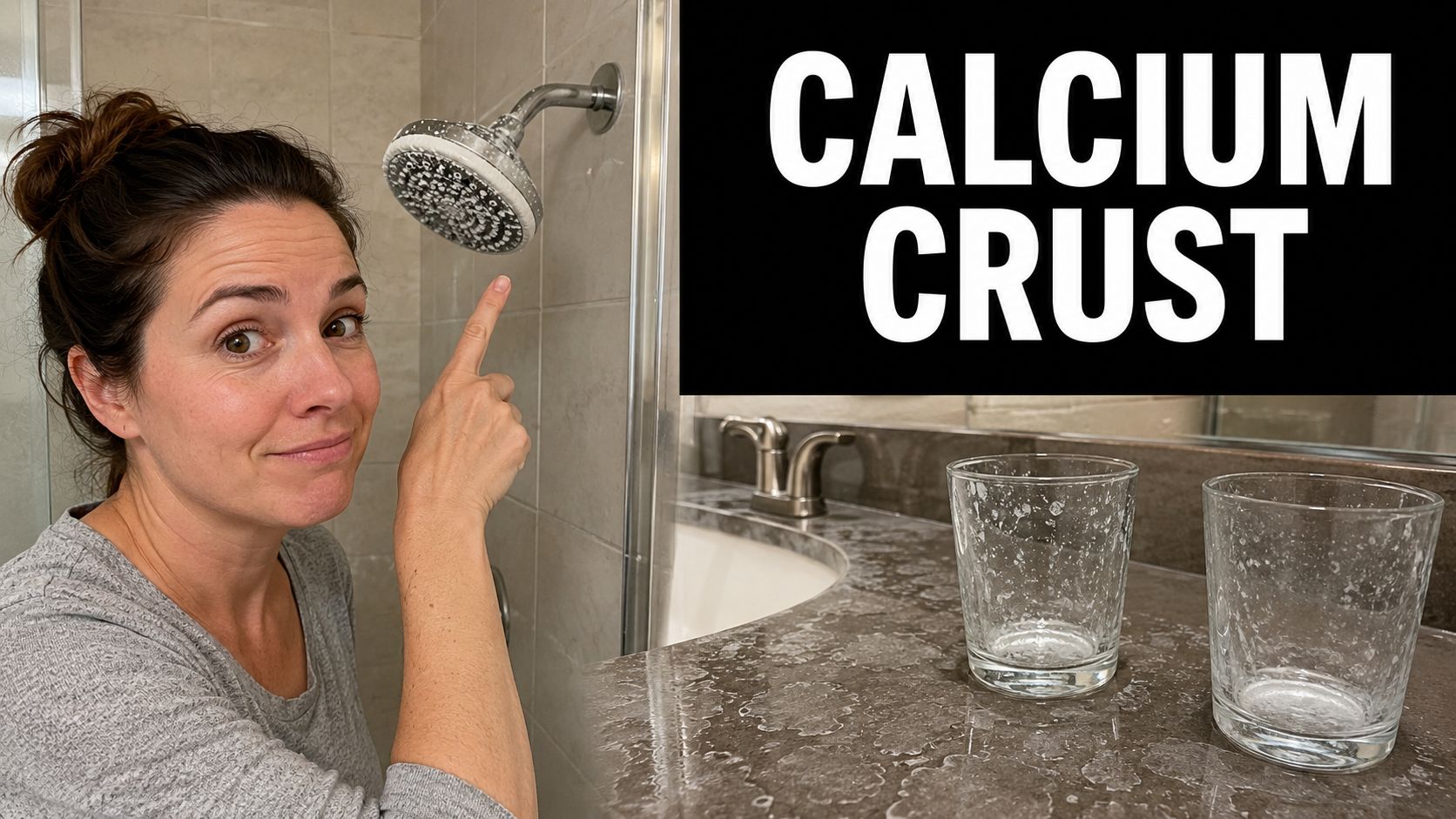A woman pointing at a shower head covered in white calcium crust mineral deposits in a bathroom.