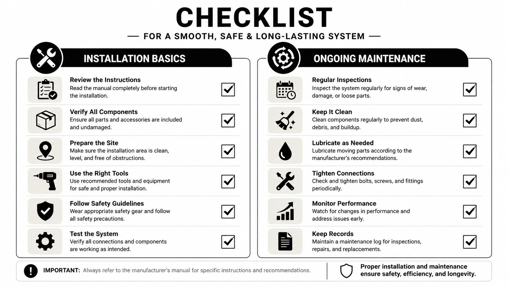 A professional checklist infographic detailing installation basics and ongoing maintenance steps for a long-lasting system setup.