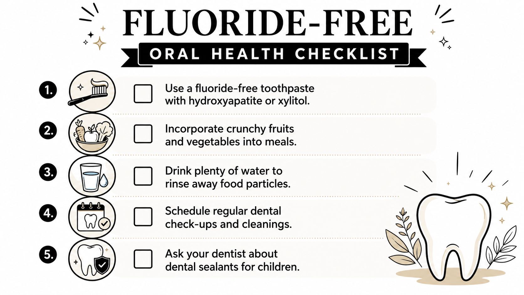 A checklist titled Fluoride-Free Oral Health with five tips for maintaining healthy teeth without fluoride.