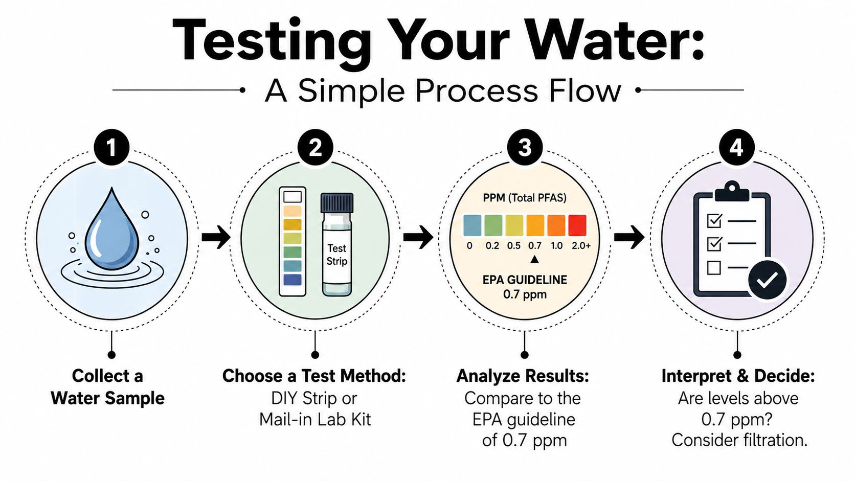 A four-step infographic illustrating the process of testing household water for PFAS contamination using test strips.