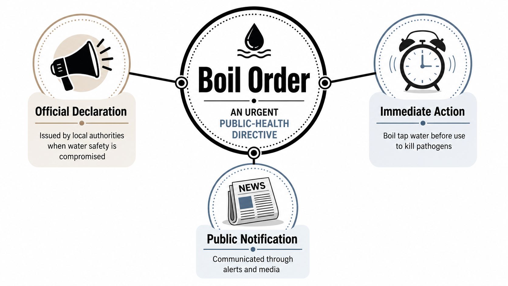 An infographic explaining a boil order, featuring key components like official declaration, immediate action, and public notification.