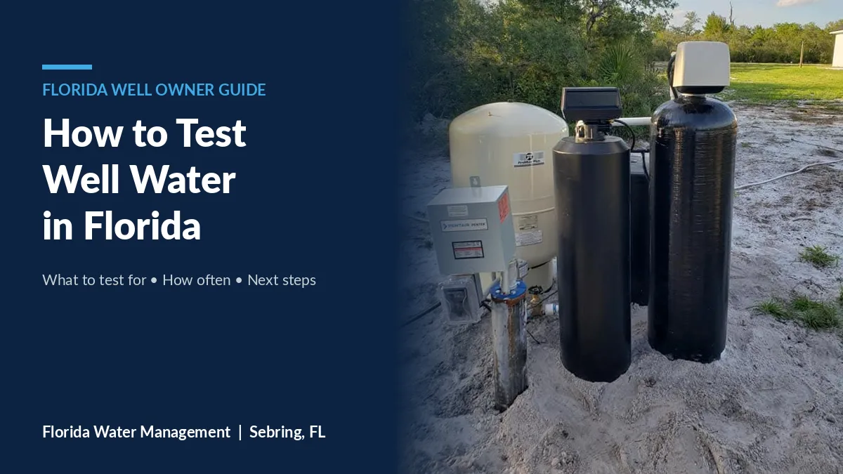 Well head, pressure tank and treatment tanks at a Highlands County home, for a guide on how to test well water in Florida